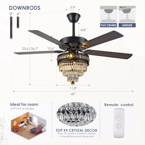 Asyko Crystal Ceiling Fan Fandelier with Lights - Modern Black Chandelier Fans with Remote Control，Noiseless AC Motor, Retro/Farmhouse Lighting, Dining Room， Living Room (52" - Image 5