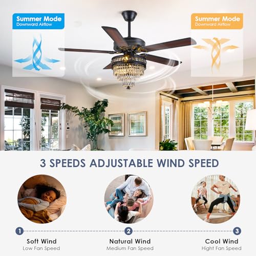 Asyko Crystal Ceiling Fan Fandelier with Lights - Modern Black Chandelier Fans with Remote Control，Noiseless AC Motor, Retro/Farmhouse Lighting, Dining Room， Living Room (52" - Image 3