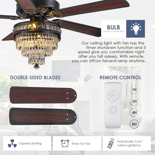 Asyko Crystal Ceiling Fan Fandelier with Lights - Modern Black Chandelier Fans with Remote Control，Noiseless AC Motor, Retro/Farmhouse Lighting, Dining Room， Living Room (52" - Image 2