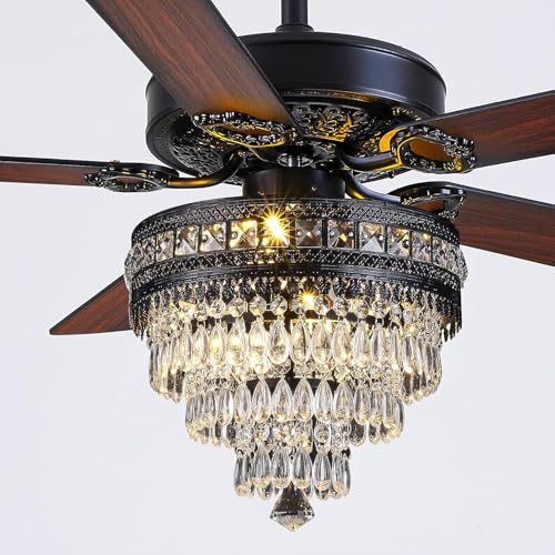 Asyko Crystal Ceiling Fan Fandelier with Lights - Modern Black Chandelier Fans with Remote Control，Noiseless AC Motor, Retro/Farmhouse Lighting, Dining Room， Living Room (52" - Image 1