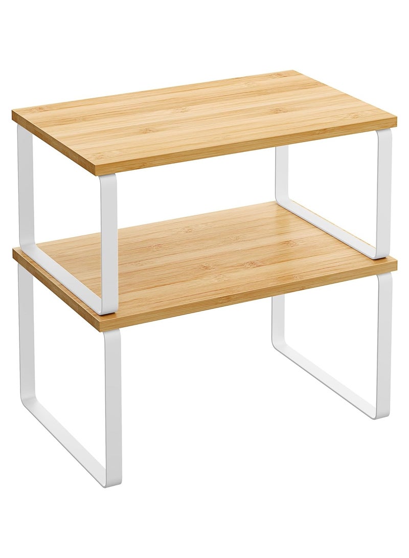 Mahmayi Kitchen Counter Shelves & Storage Rack Design with Metal and Engineered Wood with Stackable and Expandable Features, White and Natural, Set of 2 - Image 1