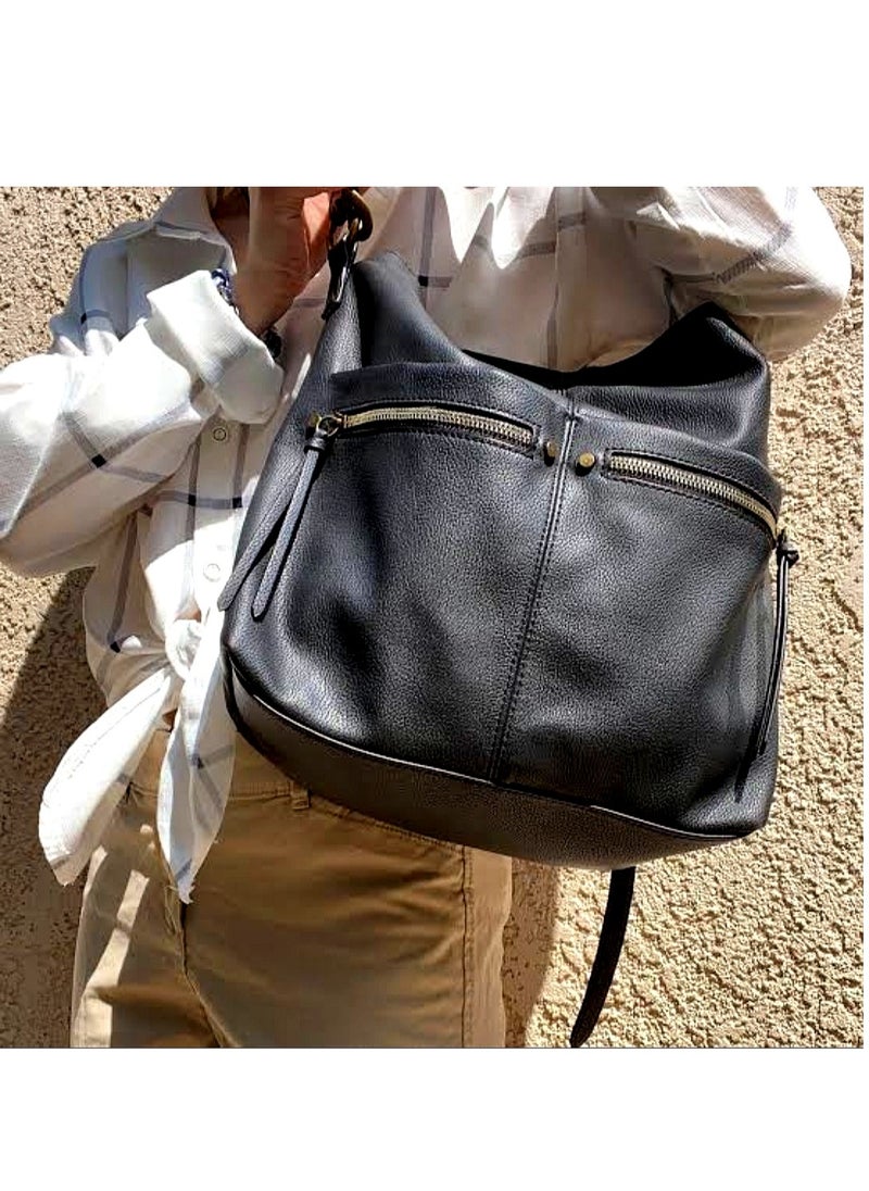 sonoma - Slouchy Black Faux-Leather Shoulder Bag with Removable Adjustable Crossbody Strap 34*30 cm - Image 1