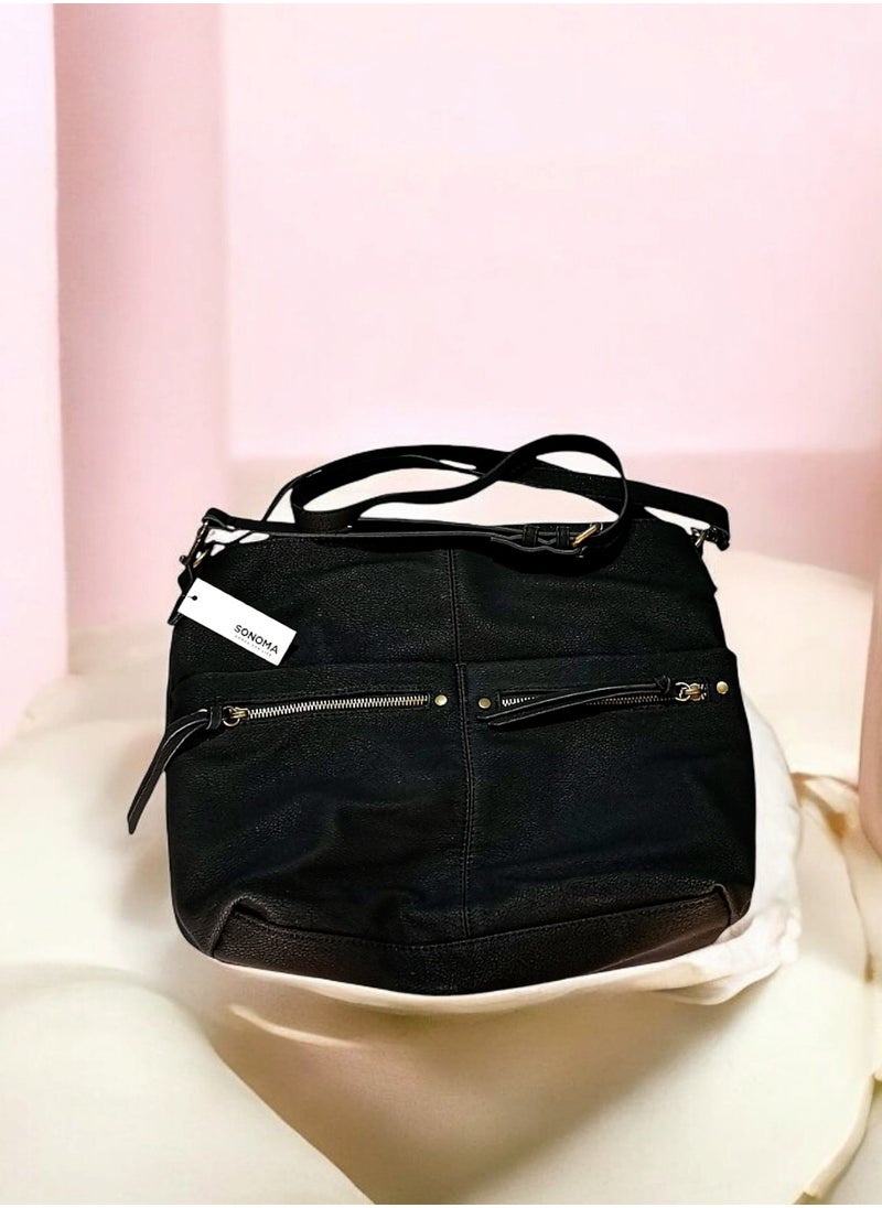 sonoma - Slouchy Black Faux-Leather Shoulder Bag with Removable Adjustable Crossbody Strap 34*30 cm - Image 1