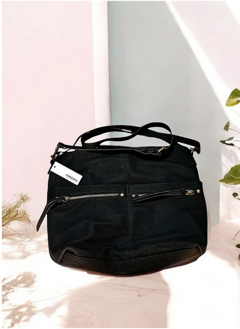 sonoma - Slouchy Black Faux-Leather Shoulder Bag with Removable Adjustable Crossbody Strap 34*30 cm - Image 1