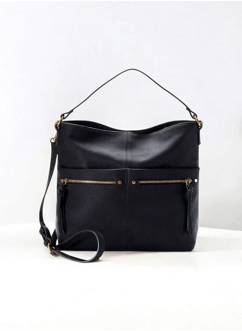 sonoma - Slouchy Black Faux-Leather Shoulder Bag with Removable Adjustable Crossbody Strap 34*30 cm - Image 1