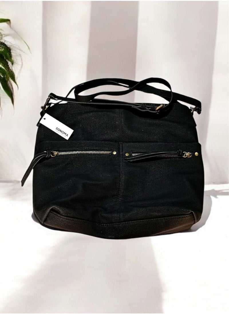 sonoma - Slouchy Black Faux-Leather Shoulder Bag with Removable Adjustable Crossbody Strap 34*30 cm - Image 1
