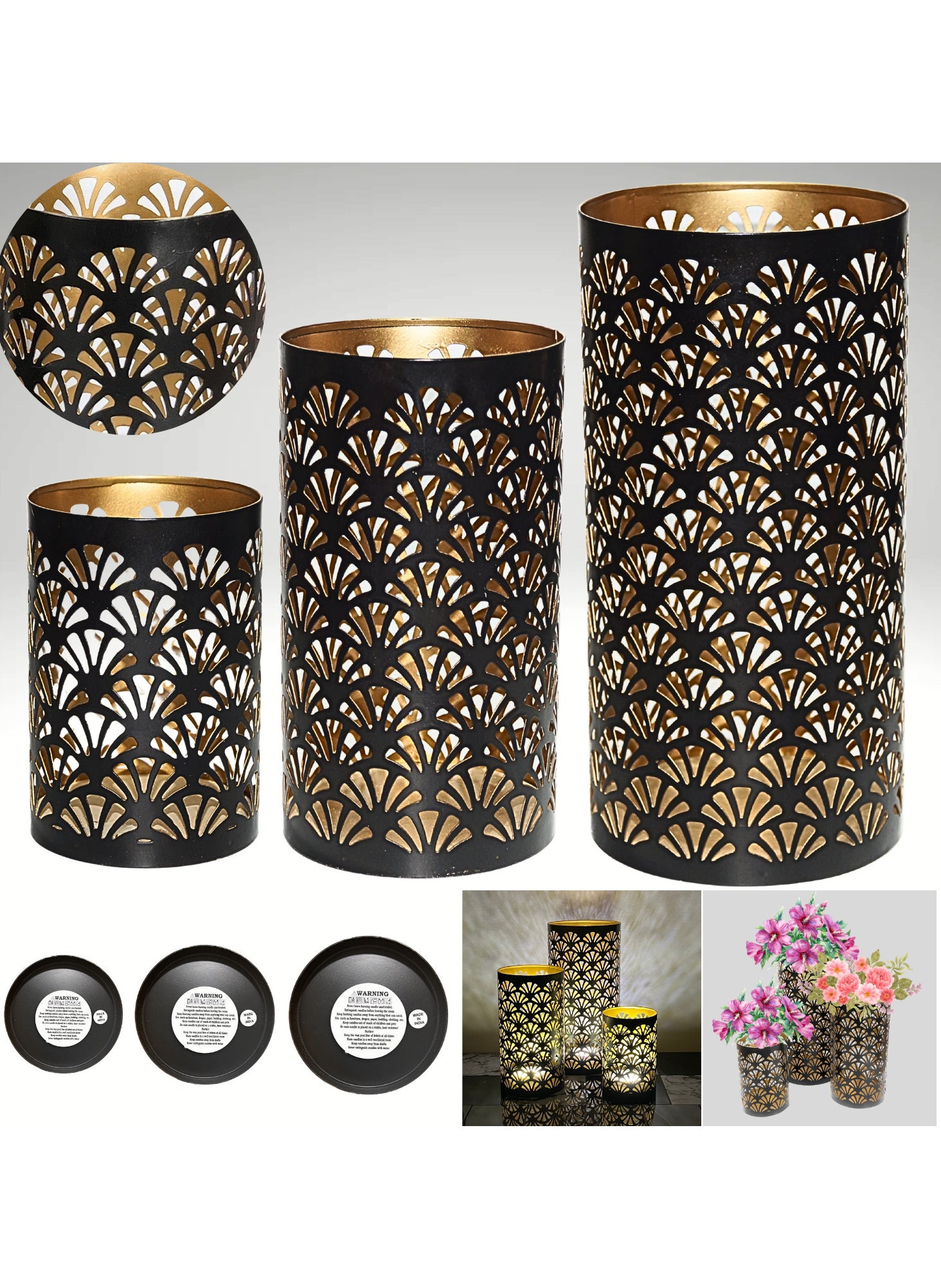 Souq DESIGNS Arabic Candle Holders for Ramadan Lanterns Metal Candle Holder Set of 3 - Home Decor Indoor & Outdoor Use 