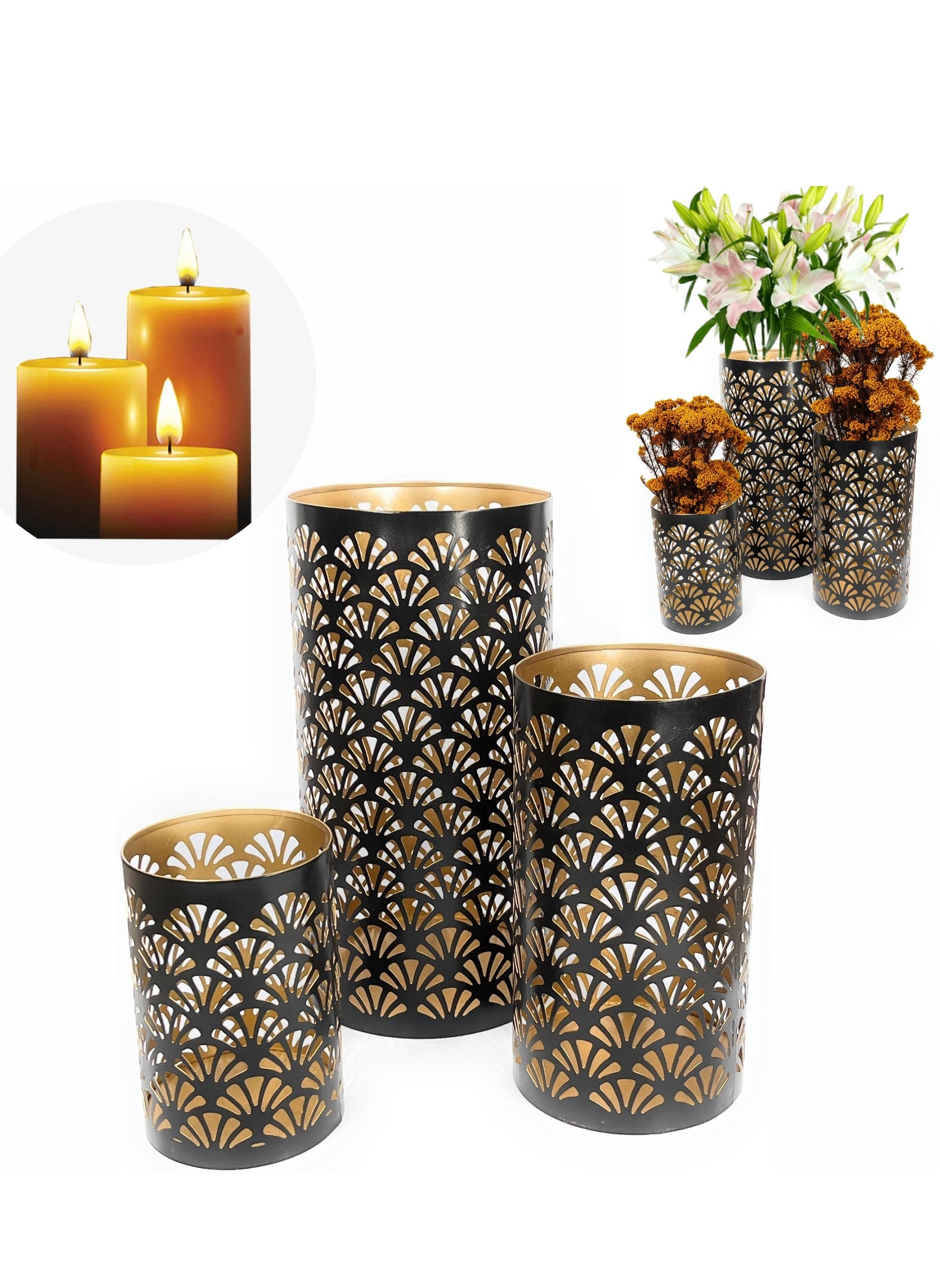 Souq DESIGNS Arabic Candle Holders for Ramadan Lanterns Metal Candle Holder Set of 3 - Home Decor Indoor & Outdoor Use 