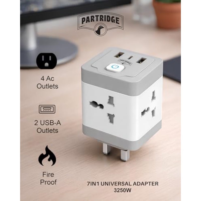 محول سفر للاستخدام العالمي، بلاستيك ABS، أبيض، 4 منافذ عالمية + 2 USB-A + 1 USB-C، حماية أمان مصراع، 250 فولت 13 أمبير 3250 وات - Image 4