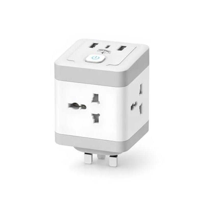 محول سفر للاستخدام العالمي، بلاستيك ABS، أبيض، 4 منافذ عالمية + 2 USB-A + 1 USB-C، حماية أمان مصراع، 250 فولت 13 أمبير 3250 وات - Image 1