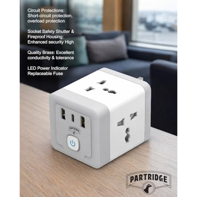 محول سفر للاستخدام العالمي، بلاستيك ABS، أبيض، 4 منافذ عالمية + 2 USB-A + 1 USB-C، حماية أمان مصراع، 250 فولت 13 أمبير 3250 وات - Image 5