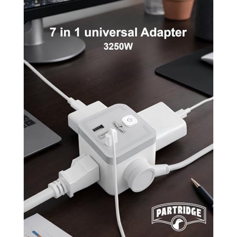 محول سفر للاستخدام العالمي، بلاستيك ABS، أبيض، 4 منافذ عالمية + 2 USB-A + 1 USB-C، حماية أمان مصراع، 250 فولت 13 أمبير 3250 وات - Image 2