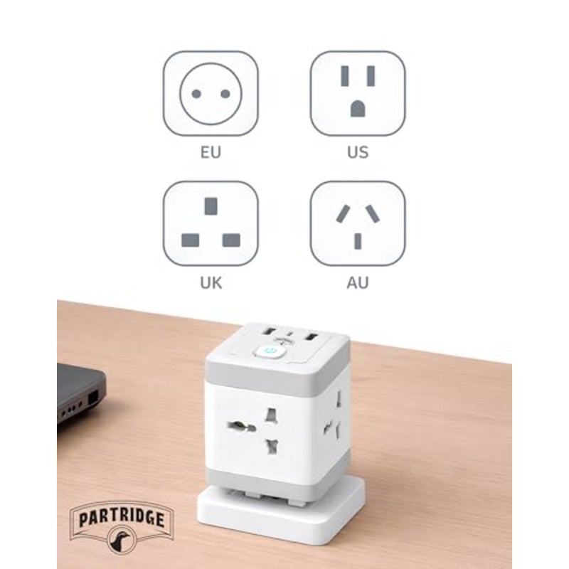 محول سفر للاستخدام العالمي، بلاستيك ABS، أبيض، 4 منافذ عالمية + 2 USB-A + 1 USB-C، حماية أمان مصراع، 250 فولت 13 أمبير 3250 وات - Image 3