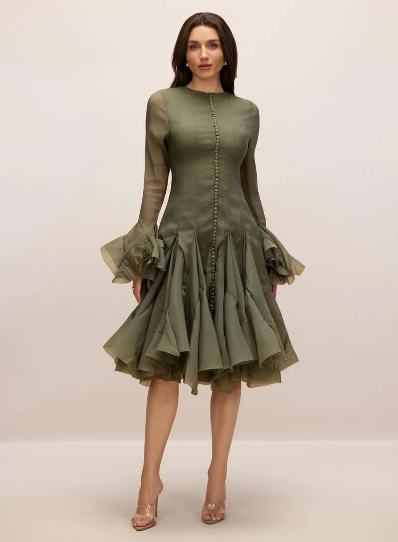 Sunfere Gloria Long Sleeve Flared Hem Midi Dress