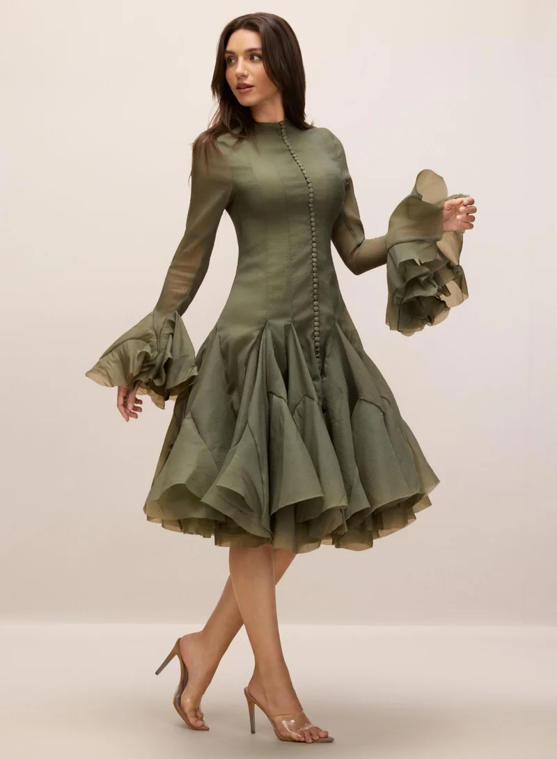 Sunfere Gloria Long Sleeve Flared Hem Midi Dress