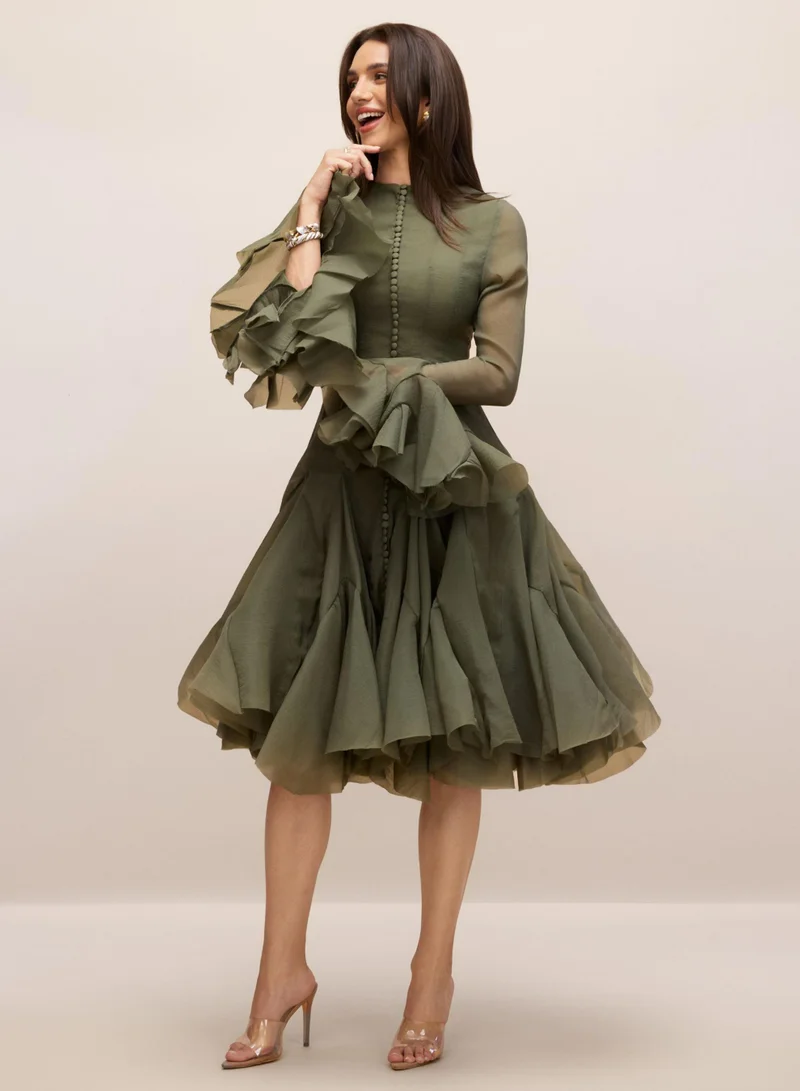 Sunfere Green Gloria Long Sleeve Flared Hem Midi Dress for Women | Best Price UAE