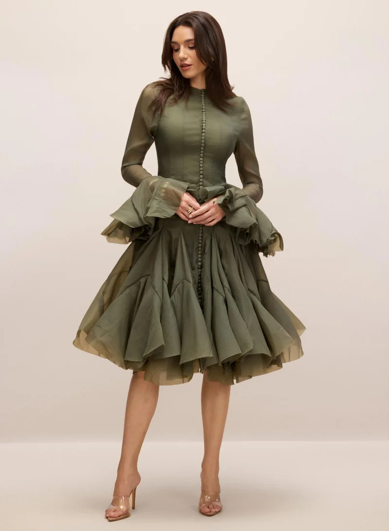 Sunfere Green Gloria Long Sleeve Flared Hem Midi Dress for Women | Best Price UAE