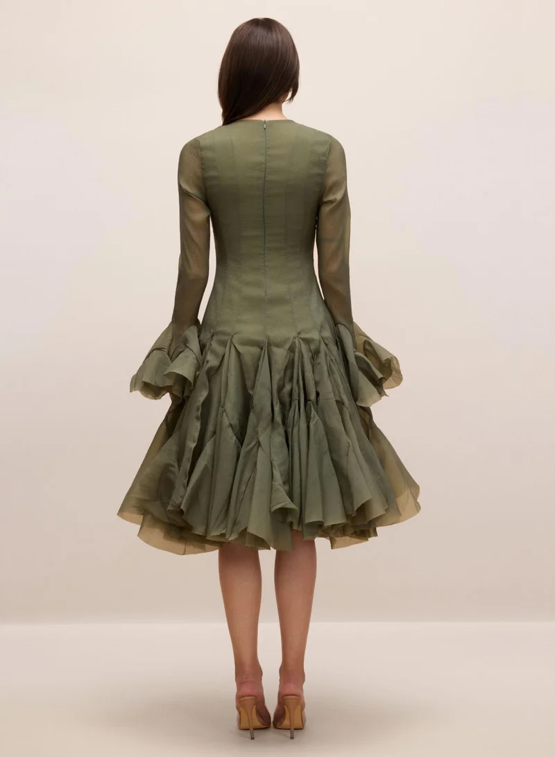 Sunfere Green Gloria Long Sleeve Flared Hem Midi Dress for Women | Best Price UAE