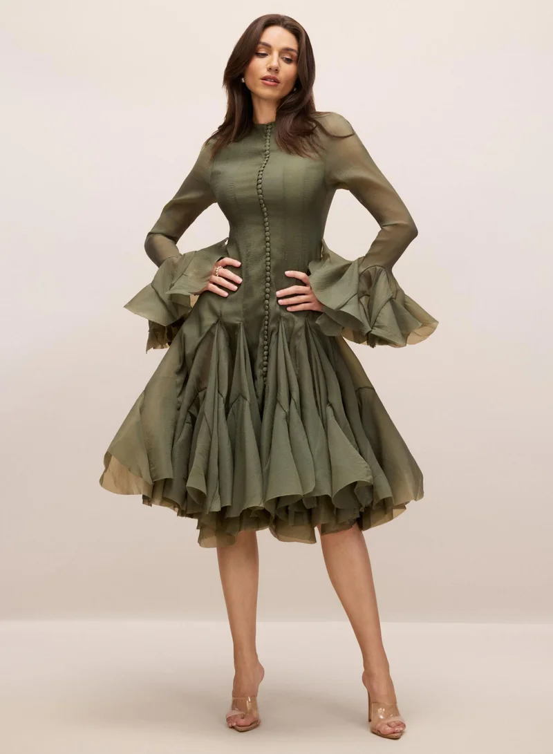 Sunfere Green Gloria Long Sleeve Flared Hem Midi Dress for Women | Best Price UAE