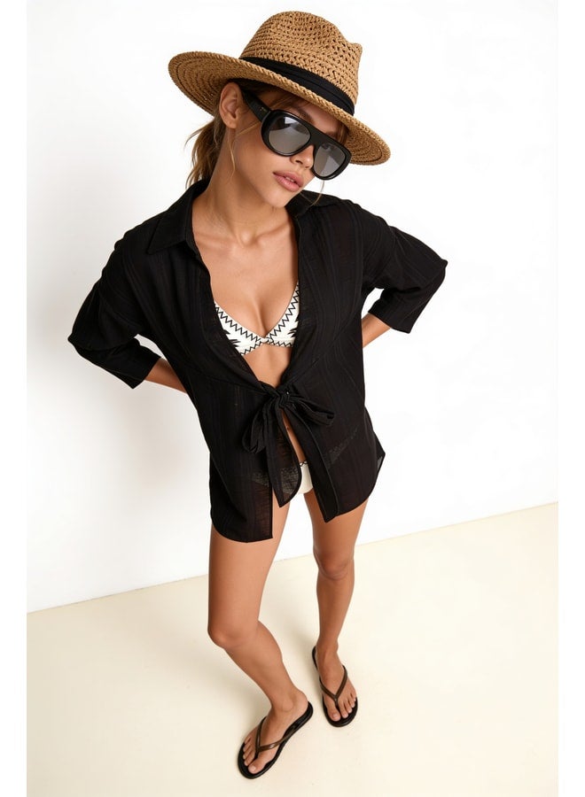 Lovely Istanbul Patterned Tie-Front Linen Kimono LZV0084 BLACK. - Image 3