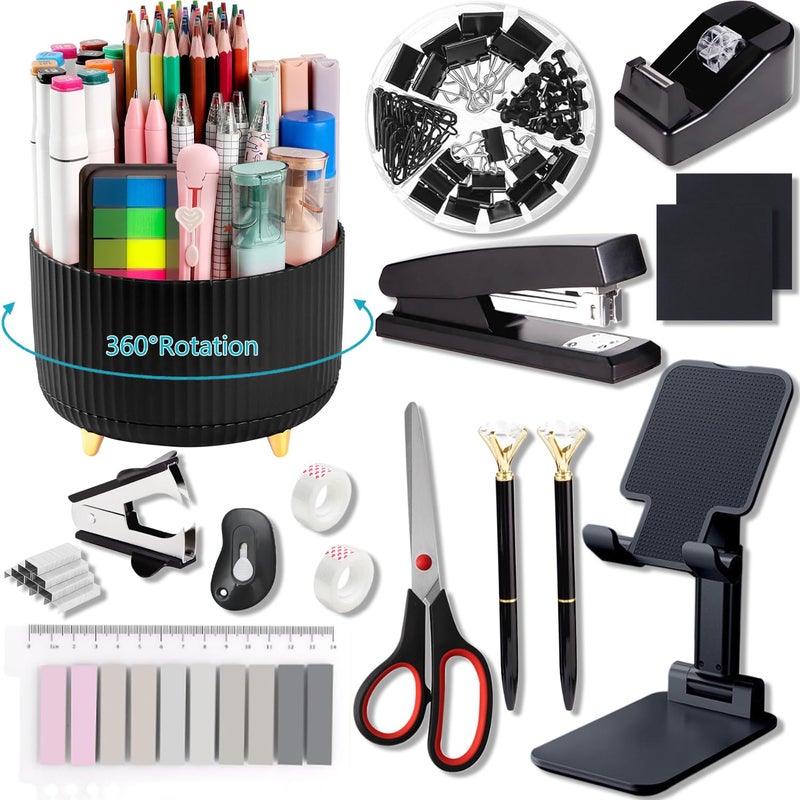 suniya Office Supplies,Desk Accessories,with Stapler,Tape Dispenser,Staple Remover,Scissor,Ballpoint Pen,Sticky Notes,Clear Tape,Staples,Desk Organizer,Phone Stand,Binder,Index Tabs,Best Gift Set(Black) - Image 1