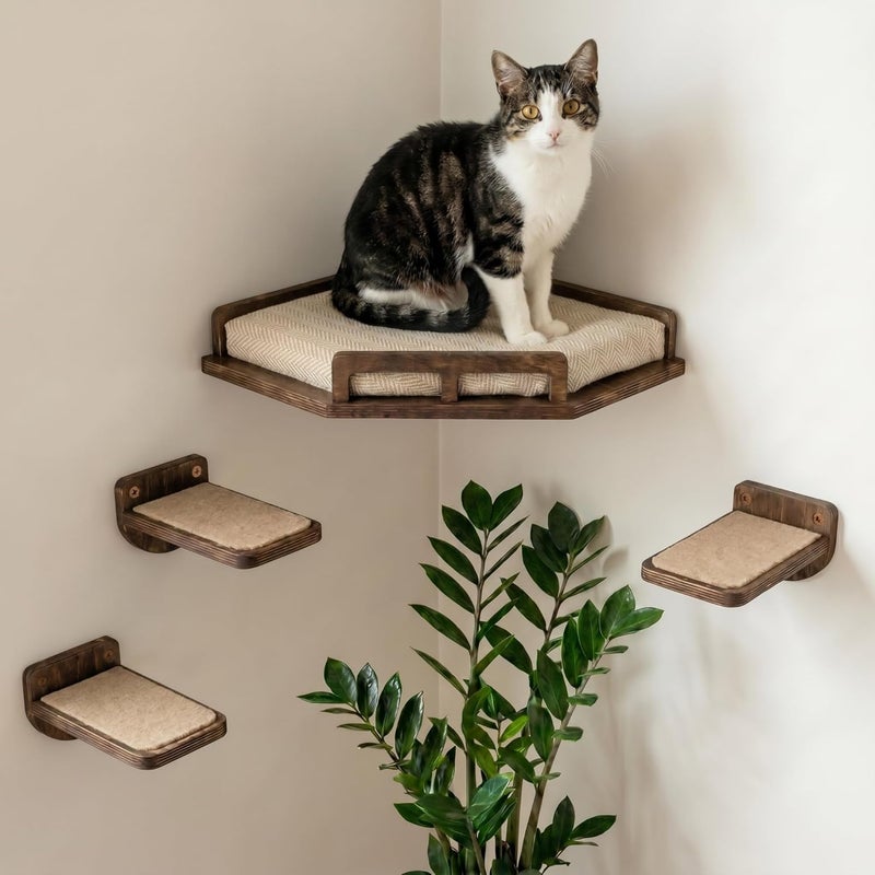 INICIO Cat Wall Shelves and Cat Corner Shelf, Cat Wall Furniture, Cat Shelves for Wall, Cat Shelf with Cushion and 3 Cat Wall Steps Included - Image 1