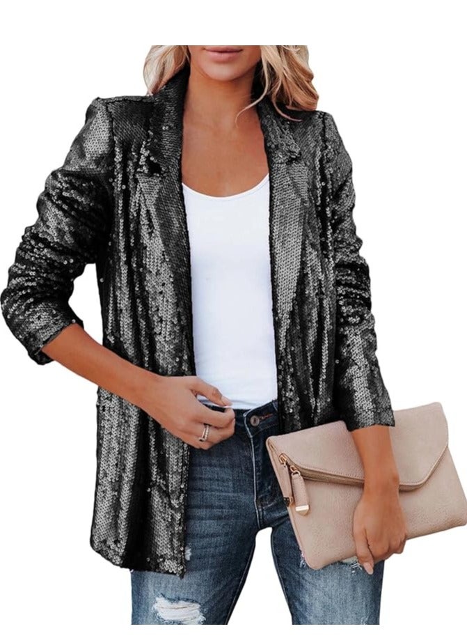 بليزر نسائي لامع مفتوح من الامام مزين بالترتر من شو داي للحفلات المسائية باكمام طويلة وتصميم رفيع وتصميم عصري مفتوح من الامام بمقاس كبير - Image 1