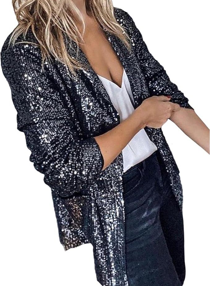 بليزر نسائي لامع مفتوح من الامام مزين بالترتر من شو داي للحفلات المسائية باكمام طويلة وتصميم رفيع وتصميم عصري مفتوح من الامام بمقاس كبير - Image 2