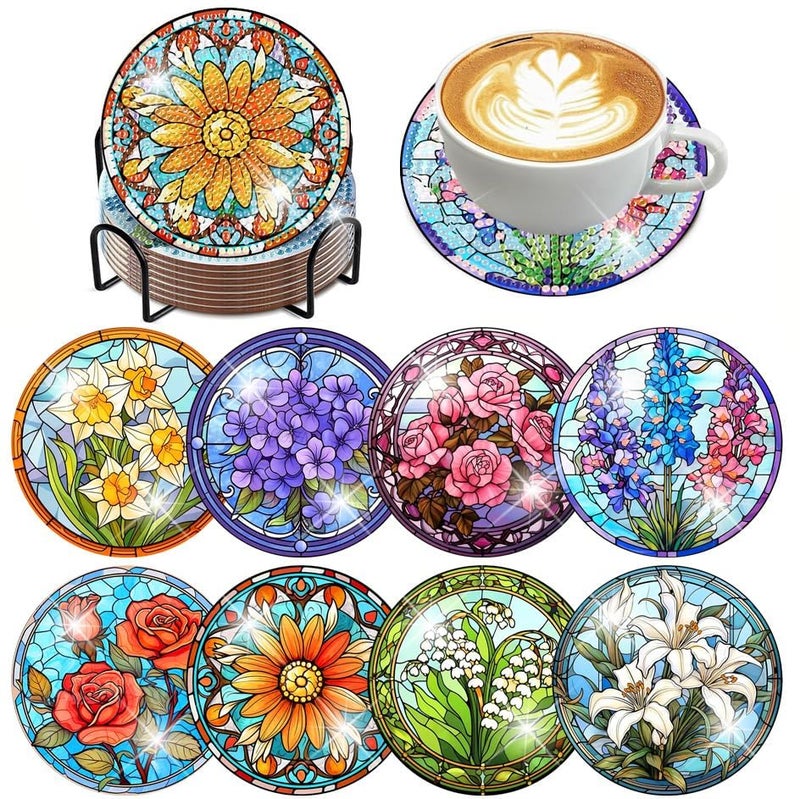 ijbnhd 8 PCS Flowers Diamond Art Coasters, Diamond Painting Coasters Kits with Holder Flowers DIY for Beginners, Adults, Diamond Art Crafts Supplies (Cork Wooden Pad) - Image 2