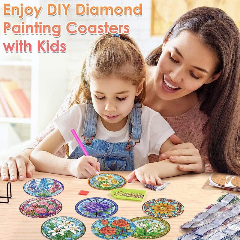 ijbnhd 8 PCS Flowers Diamond Art Coasters, Diamond Painting Coasters Kits with Holder Flowers DIY for Beginners, Adults, Diamond Art Crafts Supplies (Cork Wooden Pad) - Image 5