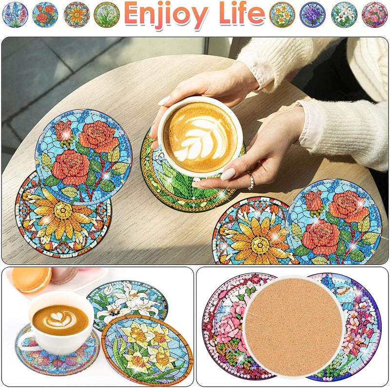 ijbnhd 8 PCS Flowers Diamond Art Coasters, Diamond Painting Coasters Kits with Holder Flowers DIY for Beginners, Adults, Diamond Art Crafts Supplies (Cork Wooden Pad) - Image 3