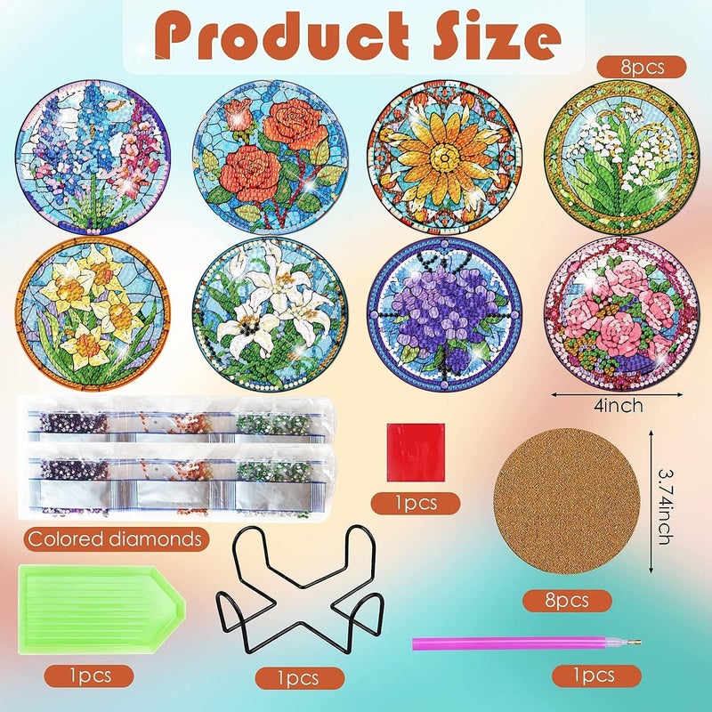 ijbnhd 8 PCS Flowers Diamond Art Coasters, Diamond Painting Coasters Kits with Holder Flowers DIY for Beginners, Adults, Diamond Art Crafts Supplies (Cork Wooden Pad) - Image 4