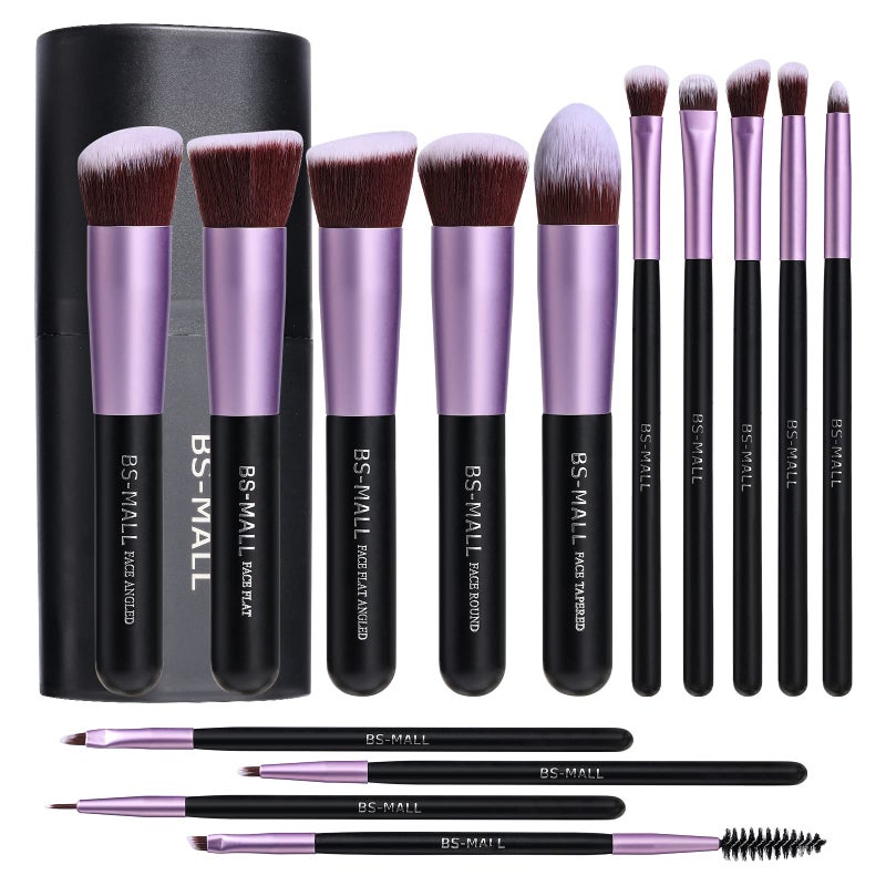 BS Mall BS-MALL Makeup Brushes Premium Synthetic Foundation Powder Concealers Eye Shadows 14 Pcs Purple for Makeup Beginner or Professional with Travel Case - Image 1