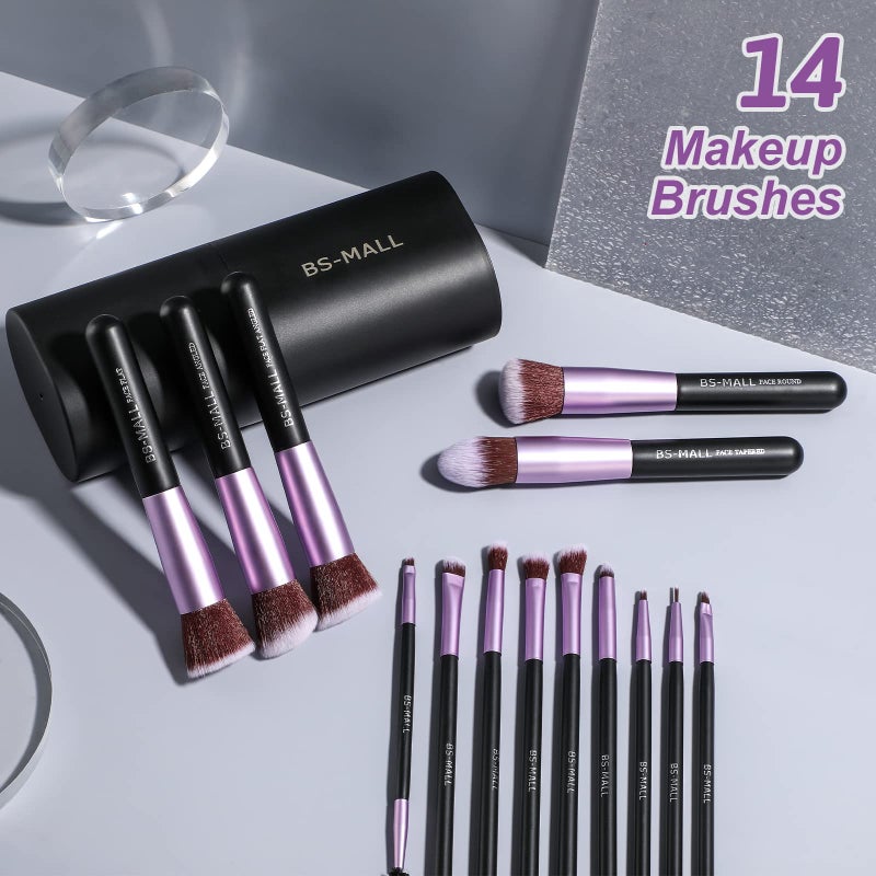 BS Mall BS-MALL Makeup Brushes Premium Synthetic Foundation Powder Concealers Eye Shadows 14 Pcs Purple for Makeup Beginner or Professional with Travel Case - Image 5