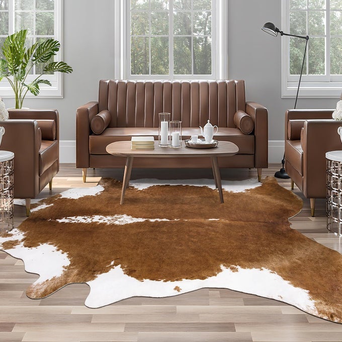 FAUX COW PRINT RUG LARGE 6FT X 7FT COW PRINT AREA RUG WITH NOSLIP BACKING LARGE ANIMAL SKIN RUGS FOR LIVING ROOM OFFFICE ROOM DECOR BROWN