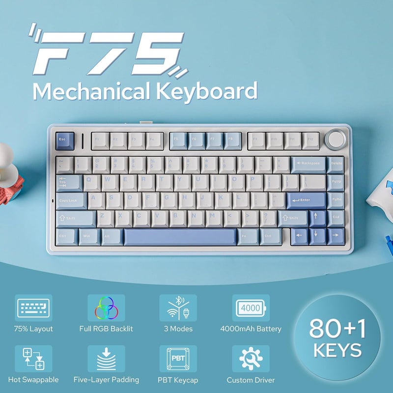 EPOMAKER x AULA F75 Gasket Mechanical Keyboard, 75% Wireless Hot Swappable Gaming Keyboard with Five-Layer Padding&Knob, Bluetooth/2.4GHz/USB-C, RGB (Sea Salt Blue, LEOBOG Reaper Switch) - Image 2