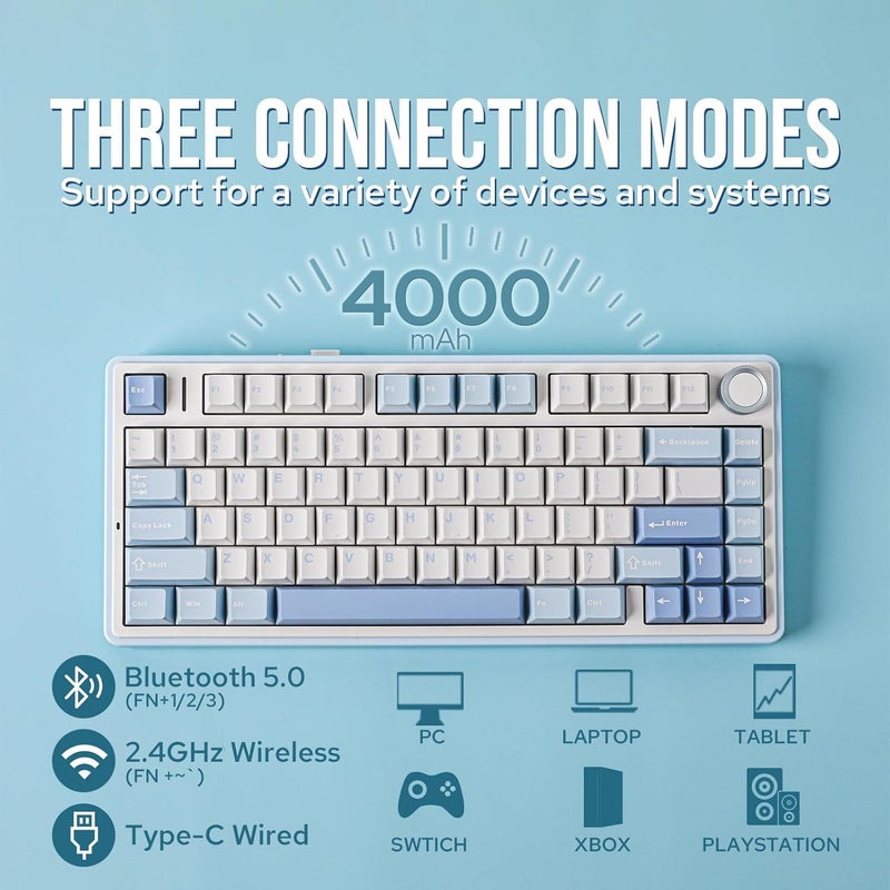 EPOMAKER x AULA F75 Gasket Mechanical Keyboard, 75% Wireless Hot Swappable Gaming Keyboard with Five-Layer Padding&Knob, Bluetooth/2.4GHz/USB-C, RGB (Sea Salt Blue, LEOBOG Reaper Switch) - Image 3