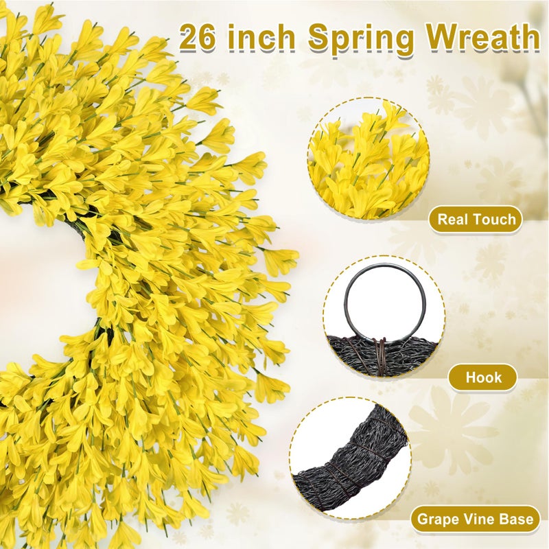 RHTRJ 26 Inch Spring Wreaths for Front Door Large Easter Valentines Forsythia Floral Summer Spring Door Wreaths Outdoor All Season Spring Decorations for Home Porch Room Window Wall Farmhouse Decor (Yellow) - Image 3