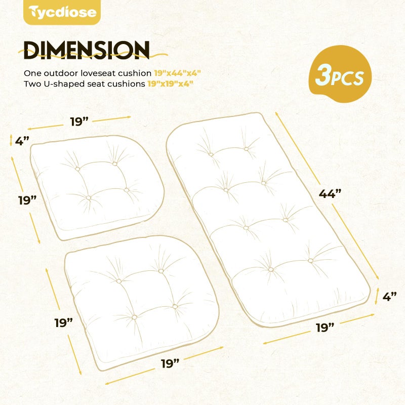 Tycdiose All Weather Outdoor Wicker Chair Cushions of 3 Pieces, Waterproof Outdoor Wicker Chair Cushion for Patio Furniture Loveseat Settee Bench, 1 Loveseat and 2 U-Shaped Thickened Cushions, Cream - Image 3