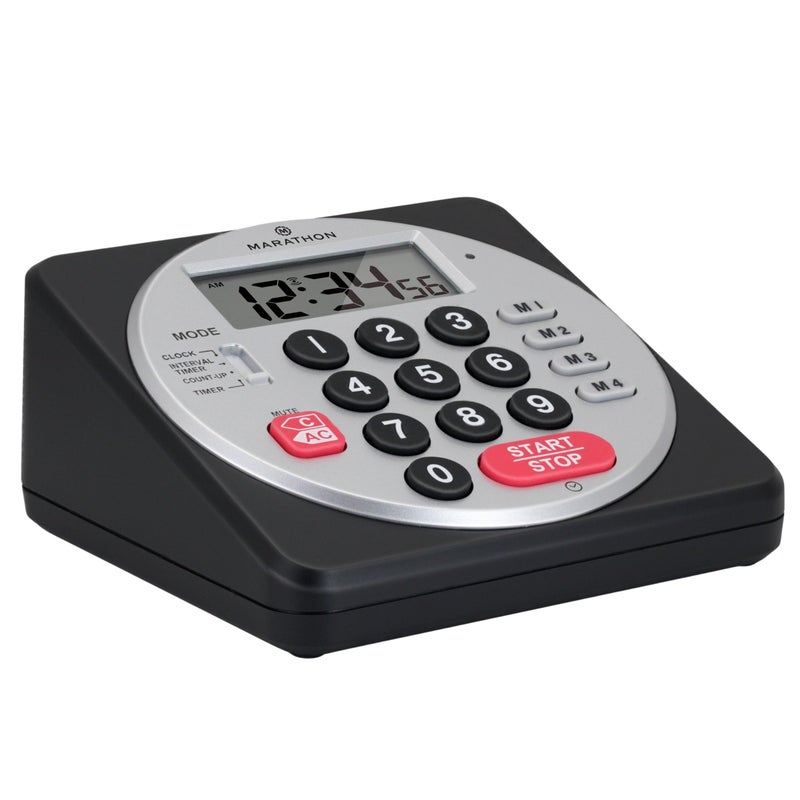 Marathon Marathon 100 Hour Direct Entry Digital Tabletop Timer Black  Large EasytoRead LCD Display  Loud Ring Alarm  Clock Feature  2 AA Batteries Included 