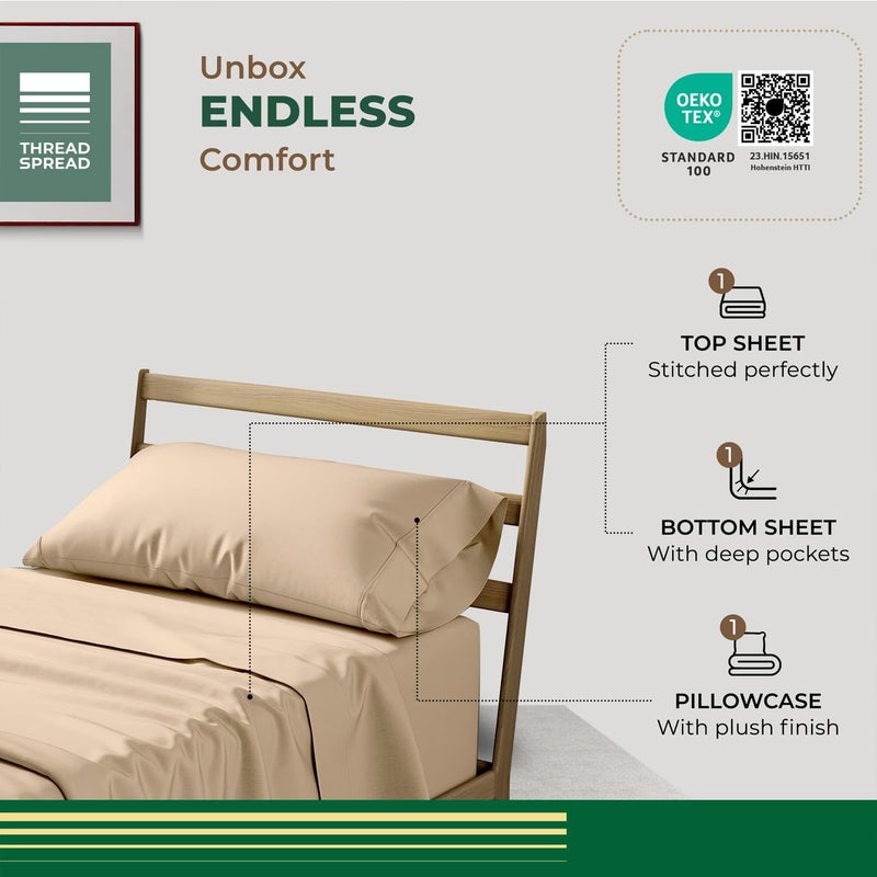 THREAD SPREAD 100% Organic Cotton Sheets Twin Size - 3 PC Organic Cotton Twin Size Percale Weave Sheet Set, Soft, Cooling, Crisp & Breathable, 16" Deep Pocket Bedding Set for Dorm Room - Taupe - Image 3