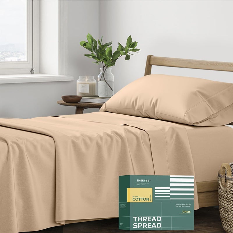 THREAD SPREAD 100% Organic Cotton Sheets Twin Size - 3 PC Organic Cotton Twin Size Percale Weave Sheet Set, Soft, Cooling, Crisp & Breathable, 16" Deep Pocket Bedding Set for Dorm Room - Taupe - Image 1