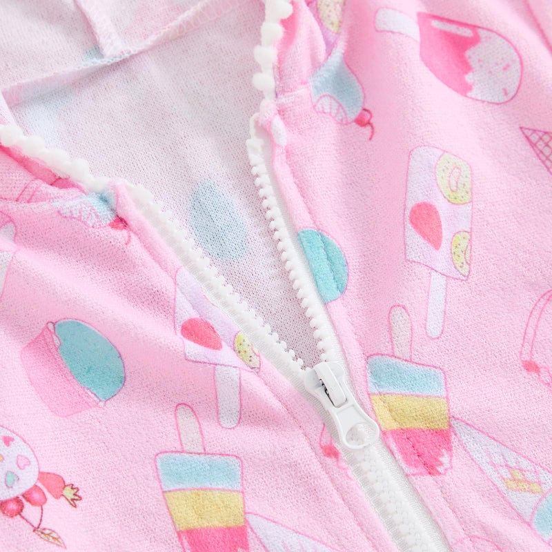 Licupiee Girls Hooded Zip Terry Coverups Swimsuit Kids Baby Girl Floral Print Short Sleeve Swim Cover-Up Swimwear (Pink Popsicle, 12-24 Months) - Image 4