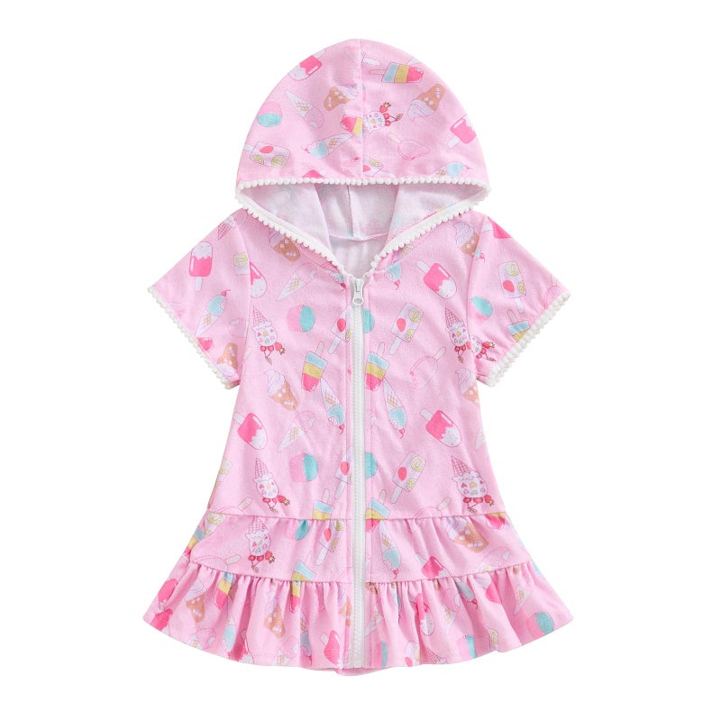Licupiee Girls Hooded Zip Terry Coverups Swimsuit Kids Baby Girl Floral Print Short Sleeve Swim Cover-Up Swimwear (Pink Popsicle, 12-24 Months) - Image 1