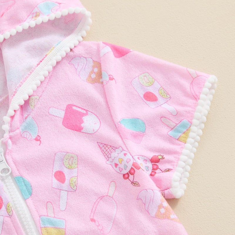 Licupiee Girls Hooded Zip Terry Coverups Swimsuit Kids Baby Girl Floral Print Short Sleeve Swim Cover-Up Swimwear (Pink Popsicle, 12-24 Months) - Image 5