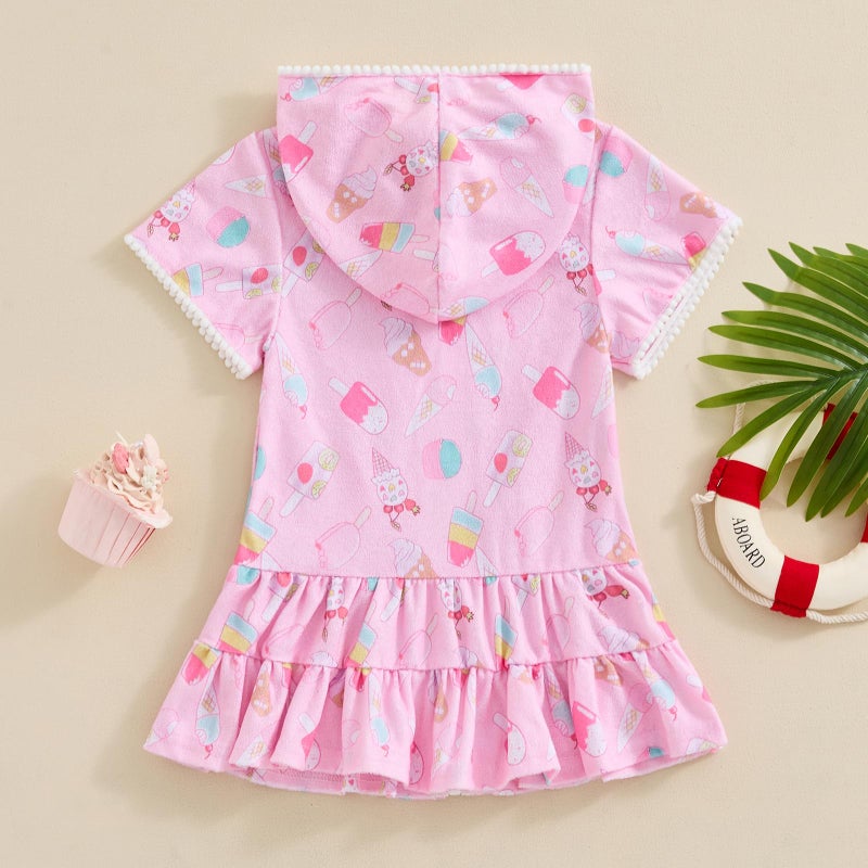 Licupiee Girls Hooded Zip Terry Coverups Swimsuit Kids Baby Girl Floral Print Short Sleeve Swim Cover-Up Swimwear (Pink Popsicle, 12-24 Months) - Image 3