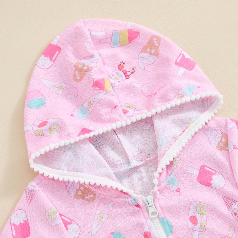 Licupiee Girls Hooded Zip Terry Coverups Swimsuit Kids Baby Girl Floral Print Short Sleeve Swim Cover-Up Swimwear (Pink Popsicle, 12-24 Months) - Image 2