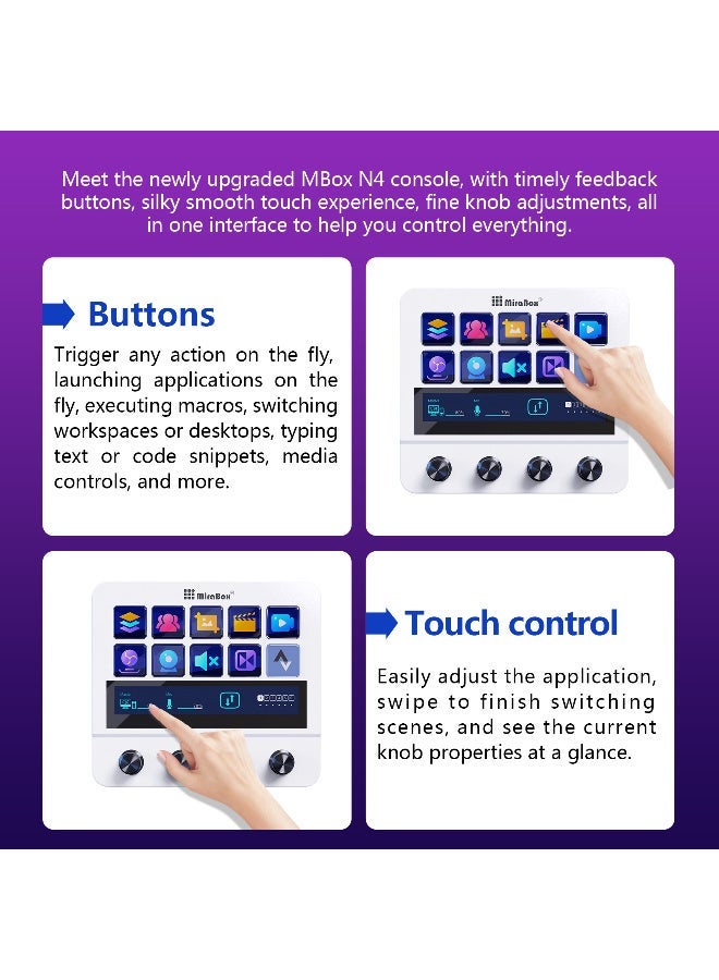MiraBox N4 Pro Macro Pad,10-Key LCD Shortcut Keyboard with 4 RGB Knobs & TouchBar – Programmable Streaming Controller Deck for OBS, YouTube, Gaming & Office (PC/Mac, USB-C,White) - Image 3