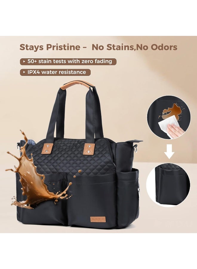 Lekebaby Diaper Bag Large Baby Bags for Mom and Dad, Travel Diaper Tote, Quilted Black - Image 4