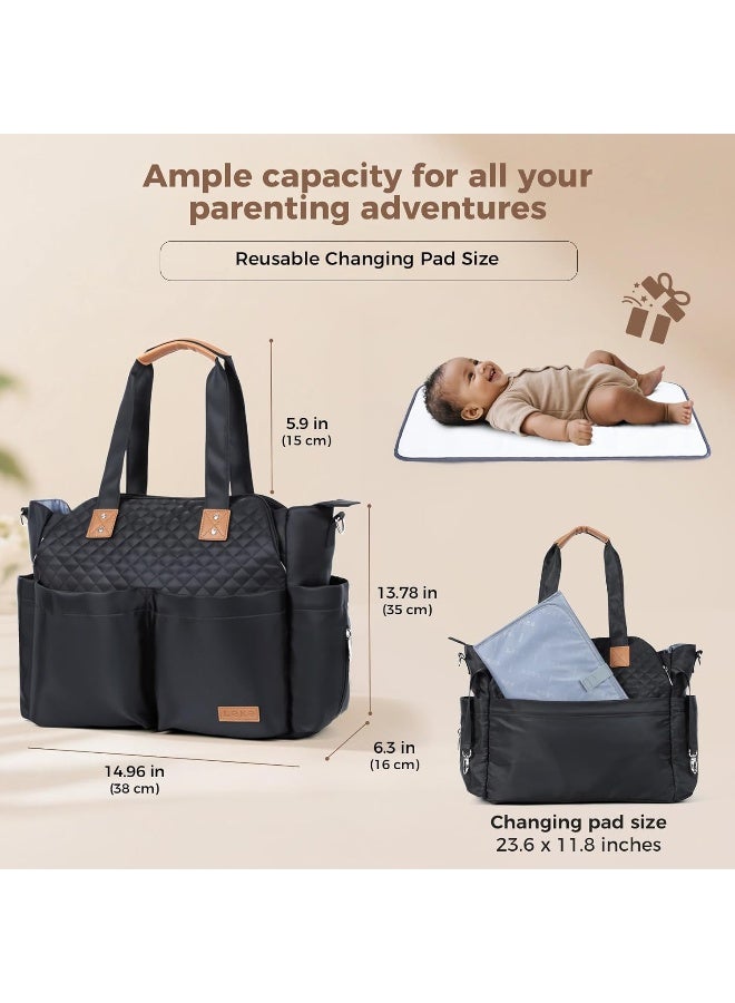 Lekebaby Diaper Bag Large Baby Bags for Mom and Dad, Travel Diaper Tote, Quilted Black - Image 3